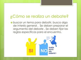 ¿Cómo se realiza un debate?
 buscar un tema para debatir, busca algo
de interés general , Se deben preparar el
argumento del debate , Se deben fijar las
reglas específicas para el encuentro.
 