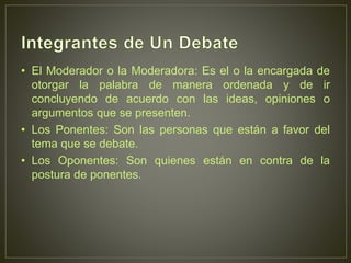 • El Moderador o la Moderadora: Es el o la encargada de
otorgar la palabra de manera ordenada y de ir
concluyendo de acuerdo con las ideas, opiniones o
argumentos que se presenten.
• Los Ponentes: Son las personas que están a favor del
tema que se debate.
• Los Oponentes: Son quienes están en contra de la
postura de ponentes.
 