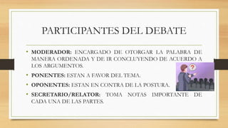 PARTICIPANTES DEL DEBATE
• MODERADOR: ENCARGADO DE OTORGAR LA PALABRA DE
MANERA ORDENADA Y DE IR CONCLUYENDO DE ACUERDO A
LOS ARGUMENTOS.
• PONENTES: ESTAN A FAVOR DEL TEMA.
• OPONENTES: ESTAN EN CONTRA DE LA POSTURA.
• SECRETARIO/RELATOR: TOMA NOTAS IMPORTANTE DE
CADA UNA DE LAS PARTES.
 