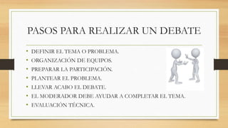 PASOS PARA REALIZAR UN DEBATE
• DEFINIR EL TEMA O PROBLEMA.
• ORGANIZACIÓN DE EQUIPOS.
• PREPARAR LA PARTICIPACIÓN.
• PLANTEAR EL PROBLEMA.
• LLEVAR ACABO EL DEBATE.
• EL MODERADOR DEBE AYUDAR A COMPLETAR EL TEMA.
• EVALUACIÓN TÉCNICA.
 