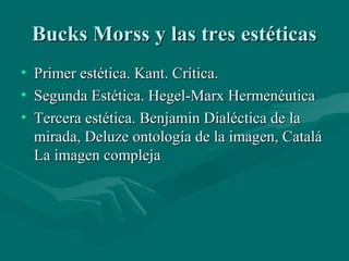 Bucks Morss y las tres estéticas
• Primer estética. Kant. Crítica.
• Segunda Estética. Hegel-Marx Hermenéutica
• Tercera estética. Benjamin Dialéctica de la
  mirada, Deluze ontología de la imagen, Catalá
  La imagen compleja
 