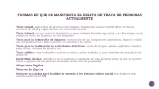 FORMAS EN QUE SE MANIFIESTA EL DELITO DE TRATA DE PERSONAS 
ACTUALMENTE 
- Trata sexual: supuestos de prostitución forzada, explotación sexual comercial de personas 
menores de edad y espectáculos con contenido sexual 
- Trata laboral: para el servicio doméstico, o para trabajos forzados agrícolas, o en las minas, en la 
industria textil, en la pesca, en las maquilas 
- Trata para la extracción de órganos: sustracción de un componente anatómico, órgano y tejido 
sin consentimiento o bajo coacción, en adultos y en niños 
- Trata para la realización de actividades delictivas: venta de drogas, armas, artículos robados, 
para robos, trabajos de sicario, etc. 
- Trata militar: como soldados cautivos o niños y niñas soldado, y para satisfacción sexual de los 
militares 
- Esclavitud clásica: cuando se da el estatuto o condición de una persona sobre la que se ejercen 
todos o algunos de los poderes asociados al derecho de propiedad 
- Adopciones ilegales 
- Vientres de alquiler 
- Menores utilizados para facilitar la entrada a los Estados (niños ancla) que después son 
abandonados (MENAS) 
 
