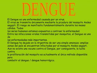 DENGUE El Dengue es una enfermedad causada por un virus. El virus se transmite únicamente mediante la picadura del mosquito Aedes aegypti. El riesgo se manifiesta fundamentalmente durante los meses cálidos. Todos los seres humanos estamos expuestos a contraer la enfermedad.  Entre las infecciones virales transmitidas por mosquitos, el Dengue es una de las enfermedades más importantes. El Dengue ha dejado en la Argentina de ser una simple amenaza: amplias zonas del país se encuentran infectadas por el mosquito Aedes aegypti. Aun no existe una vacuna contra el Dengue, por consiguiente, la lucha contra la proliferación del mosquito es actualmente el único método disponible para combatir el dengue / dengue hemorrágico. 