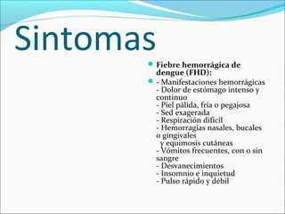 Sintomas

 Fiebre hemorrágica de

dengue (FHD):
 - Manifestaciones hemorrágicas
- Dolor de estómago intenso y
continuo
- Piel pálida, fría o pegajosa
- Sed exagerada
- Respiración difícil
- Hemorragias nasales, bucales
o gingivales
y equimosis cutáneas
- Vómitos frecuentes, con o sin
sangre
- Desvanecimientos
- Insomnio e inquietud
- Pulso rápido y débil

 