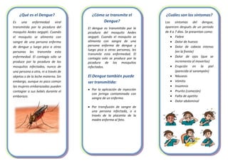 ¿Qué es el Dengue?
Es una enfermedad viral
transmitida por la picadura del
mosquito Aedes aegypti. Cuando
el mosquito se alimenta con
sangre de una persona enferma
de dengue y luego pica a otras
personas les transmite esta
enfermedad. El contagio sólo se
produce por la picadura de los
mosquitos infectados, nunca de
una persona a otra, ni a través de
objetos o de la leche materna. Sin
embargo, aunque es poco común
las mujeres embarazadas pueden
contagiar a sus bebés durante el
embarazo.
¿Cómo se transmite el
Dengue?
El dengue es transmitido por la
picadura del mosquito Aedes
aegypti. Cuando el mosquito se
alimenta con sangre de una
persona enferma de dengue y
luego pica a otras personas, les
transmite esta enfermedad. El
contagio solo se produce por la
picadura de los mosquitos
infectados.
El Dengue también puede
ser transmitida:
 Por la aplicación de inyección
con jeringa contaminada con
sangre de un enfermo.
 Por transfusión de sangre de
una persona infectada, o a
través de la placenta de la
madre enferma al feto.
¿Cuáles son los síntomas?
Los síntomas del dengue,
aparecen después de un periodo
de 4 a 7 días. Se presentan como:
 Fiebre
 Dolor de huesos
 Dolor de cabeza intenso
(en la frente)
 Dolor de ojos (que se
incrementa al moverlos)
 Erupción en la piel
(parecida al sarampión)
 Náuseas
 Vómito
 Insomnio
 Prurito (comezón)
 Falta de apetito
 Dolor abdominal
 