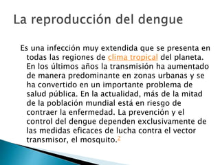 Es una infección muy extendida que se presenta en
todas las regiones de clima tropical del planeta.
En los últimos años la transmisión ha aumentado
de manera predominante en zonas urbanas y se
ha convertido en un importante problema de
salud pública. En la actualidad, más de la mitad
de la población mundial está en riesgo de
contraer la enfermedad. La prevención y el
control del dengue dependen exclusivamente de
las medidas eficaces de lucha contra el vector
transmisor, el mosquito.2
 