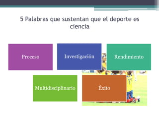 5 Palabras que sustentan que el deporte es
ciencia
Proceso Investigación Rendimiento
Multidisciplinario Éxito
 