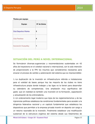 El Deporte Peruano 2014 
Títulos por equipo 
Equipo Nº de títulos 
Club Deportivo Wanka 5 
Club Peerless 4 
Asociación Huaquillay 1 
SITUACIÓN DEL PERÚ A NIVEL INTERNACIONAL 
Se formularon diversas sugerencias y recomendaciones sustentadas en 43 
años de trayectoria en el voleibol nacional e internacional, con la sola intención 
de proporcionarle a la FPV los insumos que consideramos necesarios para 
encarar el proceso de cambio y potenciación del sistema que es imprescindible: 
1.-La duplicación de la inversión en infraestructura referida a instalaciones 
para el voleibol de bases porque hoy las mayoría de los clubes no tiene 
infraestructura propia donde trabajar y las ligas no la tienen para desarrollar 
su calendario de competencias. Una ampliación muy significativa del 
gasto que en realidad es también una inversión en la formación, capacitación 
y actualización de los entrenadores. 
2.-Un ordenamiento legal moderno que lejos de los reglamentarismos y de las 
injerencias políticas establezca las condiciones fundamentales para acceder a la 
dirigencia federativa nacional y un capitulo fundamental que establezca los 
dispositivos que permitan a la empresa privada invertir en deporte con cargo a 
un retorno razonable de la inversión. Finalmente establecer una modificación 
sustancial de la estructura orgánica del sistema desde sus Estamentos de 
Misui Celi Gómez – Grupo 18 – Examen Final Página 15 
 