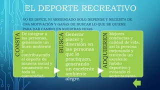 EL DEPORTE RECREATIVO
NO ES DIFÍCIL NI ARRIESGADO SOLO DEPENDE Y NECESITA DE
UNA MOTIVACIÓN Y GANAS DE BUSCAR LO QUE SE QUIERE
PARA DAR CAMBIO EN NUESTRAS VIDAS.
CONSTA
De integrar a
las personas,
generando un
buen ambiente
y
contribuyendo
el deporte de
manera social y
sanamente en
toda la
comunidad.
BUSCA
Generar
placer y
diversión en
las personas
que lo
practiquen,
generando
un excelente
ambiente
alegre.
ADQUIEREN
Mejores
conductas y
calidad de vida,
así la persona
mejorando y
teniendo un
excelente
habito
deportivo y
evitando el
sedentarismo.
 