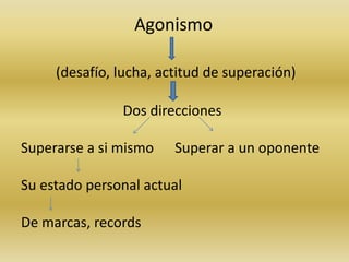 Agonismo 
(desafío, lucha, actitud de superación) 
Dos direcciones 
Superarse a si mismo Superar a un oponente 
Su estado personal actual 
De marcas, records 
 
