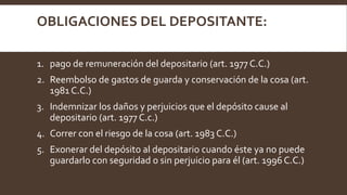 OBLIGACIONES DEL DEPOSITANTE:
1. pago de remuneración del depositario (art. 1977 C.C.)
2. Reembolso de gastos de guarda y conservación de la cosa (art.
1981 C.C.)
3. Indemnizar los daños y perjuicios que el depósito cause al
depositario (art. 1977 C.c.)
4. Correr con el riesgo de la cosa (art. 1983 C.C.)
5. Exonerar del depósito al depositario cuando éste ya no puede
guardarlo con seguridad o sin perjuicio para él (art. 1996 C.C.)
 