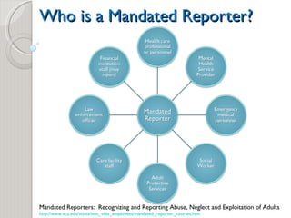 Who is a Mandated Reporter? Mandated Reporters:  Recognizing and Reporting Abuse, Neglect and Exploitation of Adults http://www.vcu.edu/vissta/non_vdss_employees/mandated_reporter_courses.htm 
