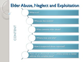 Elder Abuse, Neglect and Exploitation CONTENT 