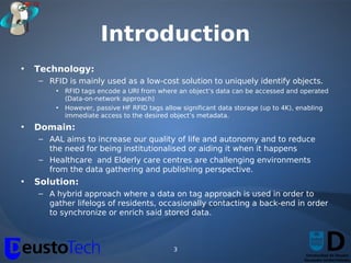 Introduction
•   Technology:
    – RFID is mainly used as a low-cost solution to uniquely identify objects.
        •   RFID tags encode a URI from where an object’s data can be accessed and operated
            (Data-on-network approach)
        •   However, passive HF RFID tags allow significant data storage (up to 4K), enabling
            immediate access to the desired object’s metadata.
•   Domain:
    – AAL aims to increase our quality of life and autonomy and to reduce
      the need for being institutionalised or aiding it when it happens
    – Healthcare and Elderly care centres are challenging environments
      from the data gathering and publishing perspective.
•   Solution:
    – A hybrid approach where a data on tag approach is used in order to
      gather lifelogs of residents, occasionally contacting a back-end in order
      to synchronize or enrich said stored data.



                                             3
 