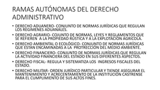 RAMAS AUTÓNOMAS DEL DERECHO
ADMINISTRATIVO
• DERECHO ADUANERO- CONJUNTO DE NORMAS JURÍDICAS QUE REGULAN
LOS REGIMENES ADUANALES.
• DERECHO AGRARIO- COJUNTO DE NORMAS, LEYES Y REGLAMENTOS QUE
SE REFIEREN A LA PROPIEDAD RÚSTICA Y A LA EXPLOTACIÓN AGRICOLA.
• DERECHO AMBIENTAL O ECOLÓGICO- CONJUNTO DE NORMAS JURÍDICAS
QUE ESTAN ENCAMINADAS A LA PROTRECCIÓN DEL MEDIO AMBIENTE.
• DERECHO FINANCIERO- CONJUNTO DE NORMAS JURÍDICAS QUE REGULAN
LA ACTIVIDAD FINANCIERA DEL ESTADO EN SUS DIFERENTES ASPECTOS.
• DERECHO FISCAL- REGULA Y SISTEMATIZA LOS INGRESOS FISCALES DEL
ESTADO.
• DERECHO MILITAR- ORDEN JURÍDICO PARTICULAR Y TIENDE ASEGURAR EL
MANTENIMIENTO Y ACRECENTAMIENTO DE LA INSTITUCIÓN CASTRENSE
PARA EL CUMPLIMIENTO DE SUS ALTOS FINES.
 