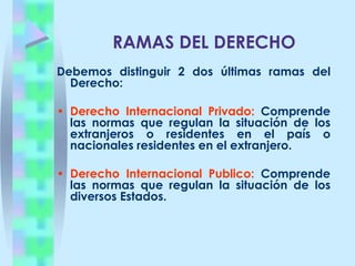 RAMAS DEL DERECHOTiene una evolución. De fases.I FASE: Inicialmente se hablaba de 4 cuatro ramas importantes del Derecho:El Derecho de las personas.El Derecho del Estado.El Derecho de la Propiedad.El Derecho de la Familia.