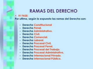 RAMAS DEL DERECHOII FASE:	Más adelante de esta clasificación, surge una TEORIA GENERAL DEL ESTADO, que se refiere a:Normas sobre el establecimiento o constitución del Estado: Se relaciona con el gobierno, sus gobernantes, garantías fundamentales y atención a los principales servicios públicos.Normas sobre las funciones y órganos del Estado: Tiene 3 tres funciones como lo son:Administrativa: Forma el denominado Derecho Administrativo.Legislativa: Forma el denominado Derecho Constitucional.Judicial: Forma el denominado Derecho Procesal.