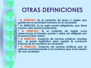 Noción de Derecho Civil.CONCEPTOLos conceptos básicos del derecho corresponden fundamentalmente a:Los sujetos de Derechos o personas.La Propiedad.La Familia.El Estado.Cada uno de estos conceptos es objeto de reglamentación mediante normas jurídicas.