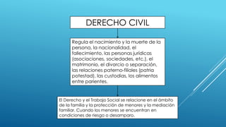 DERECHO CIVIL 
Regula el nacimiento y la muerte de la 
persona, la nacionalidad, el 
fallecimiento, las personas jurídicas 
(asociaciones, sociedades, etc.), el 
matrimonio, el divorcio o separación, 
las relaciones paterno-filiales (patria 
potestad), las custodias, los alimentos 
entre parientes. 
El Derecho y el Trabajo Social se relacione en el ámbito 
de la familia y la protección de menores y la mediación 
familiar. Cuando los menores se encuentran en 
condiciones de riesgo o desamparo. 
 