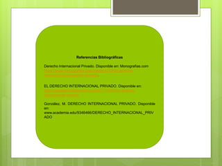Referencias Bibliográficas
Derecho Internacional Privado. Disponible en: Monografias.com
https://www.monografias.com/trabajos103/de-derecho-
internacional-privado/de-derecho.
EL DERECHO INTERNACIONAL PRIVADO. Disponible en:
https://aquisehabladerecho.com/2017/06/04/el-derecho-
internacional-privado/
González, M. DERECHO INTERNACIONAL PRIVADO. Disponible
en:
www.academia.edu/9346466/DERECHO_INTERNACIONAL_PRIV
ADO
 