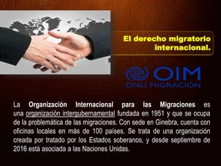 La Organización Internacional para las Migraciones es
una organización intergubernamental fundada en 1951 y que se ocupa
de la problemática de las migraciones. Con sede en Ginebra, cuenta con
oficinas locales en más de 100 países. Se trata de una organización
creada por tratado por los Estados soberanos, y desde septiembre de
2016 está asociada a las Naciones Unidas.
El derecho migratorio
internacional.
 