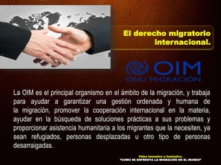 La OIM es el principal organismo en el ámbito de la migración, y trabaja
para ayudar a garantizar una gestión ordenada y humana de
la migración, promover la cooperación internacional en la materia,
ayudar en la búsqueda de soluciones prácticas a sus problemas y
proporcionar asistencia humanitaria a los migrantes que la necesiten, ya
sean refugiados, personas desplazadas u otro tipo de personas
desarraigadas.
El derecho migratorio
internacional.
Video formativo e ilustrativo.
“COMO SE ENFRENTA LA MIGRACIÓN EN EL MUNDO”
 