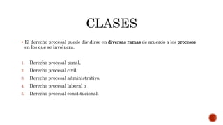  El derecho procesal puede dividirse en diversas ramas de acuerdo a los procesos
en los que se involucra.
1. Derecho procesal penal,
2. Derecho procesal civil,
3. Derecho procesal administrativo,
4. Derecho procesal laboral o
5. Derecho procesal constitucional.
 