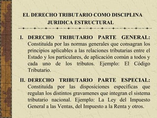 EL DERECHO TRIBUTARIO COMO DISCIPLINA
         JURIDICA ESTRUCTURAL

I. DERECHO TRIBUTARIO PARTE GENERAL:
   Constituída por las normas generales que consagran los
   principios aplicables a las relaciones tributarias entre el
   Estado y los particulares, de aplicación común a todos y
   cada uno de los tributos. Ejemplo: El Código
   Tributario.
II. DERECHO TRIBUTARIO PARTE ESPECIAL:
    Constituída por las disposiciones específicas que
    regulan los distintos gravamenes que integran el sistema
    tributario nacional. Ejemplo: La Ley del Impuesto
    General a las Ventas, del Impuesto a la Renta y otros.
 