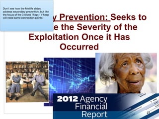 CENTER FOR GERONTOLOGY
www.gerontology.vt.edu
Secondary Prevention: Seeks to
Minimize the Severity of the
Exploitation Once it Has
Occurred
23
Don't see how the Metlife slides
address secondary prevention, but like
the focus of the 3 slides I kept - if keep
will need some connection points
 
