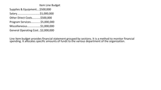 Item Line Budget
Supplies & Equipment….$500,000
Salary……………………………$1,000,000
Other Direct Costs…………$500,000
Program Services…………..$5,000,000
Miscellaneous……………….$1,000,000
General Operating Cost…$2,000,000
Line Item budget provides financial statement grouped by sections. It is a method to monitor financial
spending. It allocates specific amounts of funds to the various department of the organization.
 