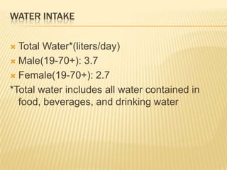 WATER INTAKE

 Total Water*(liters/day)
 Male(19-70+): 3.7

 Female(19-70+): 2.7

*Total water includes all water contained in
  food, beverages, and drinking water
 