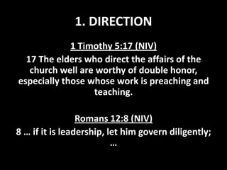 1. DIRECTION
1 Timothy 5:17 (NIV)
17 The elders who direct the affairs of the
church well are worthy of double honor,
especially those whose work is preaching and
teaching.
Romans 12:8 (NIV)
8 … if it is leadership, let him govern diligently;
…

 