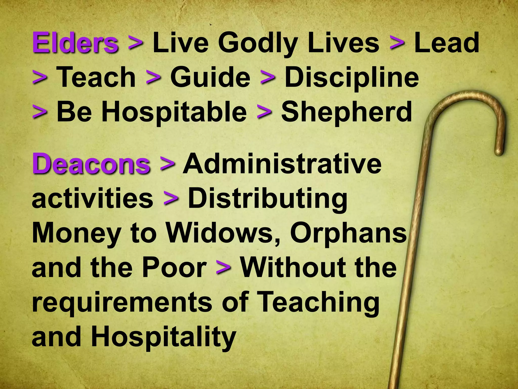 Elders > Live Godly Lives > Lead
> Teach > Guide > Discipline
> Be Hospitable > Shepherd
Deacons > Administrative
activities > Distributing
Money to Widows, Orphans
and the Poor > Without the
requirements of Teaching
and Hospitality
 