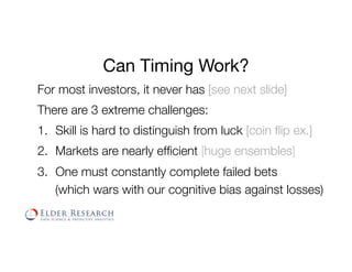 Can Timing Work?
For most investors, it never has [see next slide]
There are 3 extreme challenges:
1.  Skill is hard to distinguish from luck [coin ﬂip ex.]
2.  Markets are nearly efﬁcient [huge ensembles]
3.  One must constantly complete failed bets!
(which wars with our cognitive bias against losses)
 
