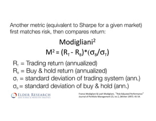 Modigliani2	
M2	=	(RT	-	RB)*(σB/σT)	
RT = Trading return (annualized) 
RB = Buy & hold return (annualized)
σT = standard deviation of trading system (ann.)
σB = standard deviation of buy & hold (ann.)
Another metric (equivalent to Sharpe for a given market) !
ﬁrst matches risk, then compares return: 
Franco	Modigliani	&	Leah	Modigliani,		“Risk-Adjusted	Performance”		
Journal	of	Porlolio	Management	23,	no	2,	(Winter	1997):	45-54.	
 