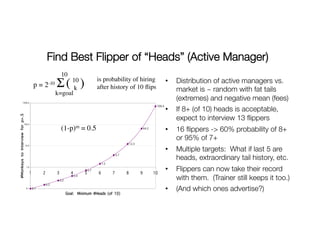 Find Best Flipper of “Heads” (Active Manager)
709.4
64.2
12.3
3.7
1.5
0.7
0.4
0.2
0.2
0.10.1
1.0
10.0
100.0
1000.0
1 2 3 4 5 6 7 8 9 10
Goal: Minimum #Heads (of 10)
#MonkeystoInterviewforp>.5
•  Distribution of active managers vs.
market is ~ random with fat tails
(extremes) and negative mean (fees)
•  If 8+ (of 10) heads is acceptable,
expect to interview 13 ﬂippers
•  16 ﬂippers -> 60% probability of 8+
or 95% of 7+
•  Multiple targets: What if last 5 are
heads, extraordinary tail history, etc.
•  Flippers can now take their record
with them. (Trainer still keeps it too.)
•  (And which ones advertise?)
(1-p)m = 0.5
p = 2-10 Σ( )10
k
10
k=goal
is probability of hiring
after history of 10 ﬂips
 
