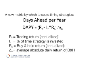 Days	Ahead	per	Year	
									DAPY	=	(RT	-	IT*RB)	/ΔB	
	
RT 
= Trading return (annualized) 
IT 
= % of time strategy is invested
RB = Buy & hold return (annualized)
ΔB = average absolute daily return of B&H
	
A new metric by which to score timing strategies: 
 