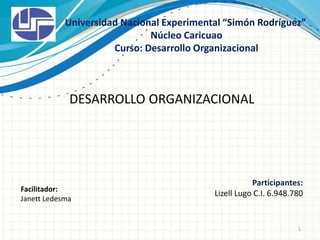 DESARROLLO ORGANIZACIONAL
Universidad Nacional Experimental “Simón Rodríguez”
Núcleo Caricuao
Curso: Desarrollo Organizacional
Participantes:
Lizell Lugo C.I. 6.948.780
1
Facilitador:
Janett Ledesma
 