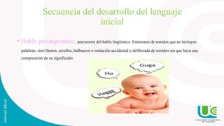 Primeras vocalizaciones
• Llanto: Medio de comunicación del recién nacido. Señalan hambre, sueño o enojo.
• Arrullar cuand...