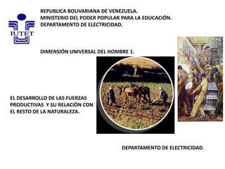 REPUBLICA BOLIVARIANA DE VENEZUELA.
MINISTERIO DEL PODER POPULAR PARA LA EDUCACIÓN.
DEPARTAMENTO DE ELECTRICIDAD.
DIMENSIÓN UNIVERSAL DEL HOMBRE 1.
DEPARTAMENTO DE ELECTRICIDAD.
EL DESARROLLO DE LAS FUERZAS
PRODUCTIVAS Y SU RELACIÓN CON
EL RESTO DE LA NATURALEZA.
 