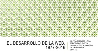 EL DESARROLLO DE LA WEB.
1977-2016
JULISSA CHAVIRA LOYA
PERIODISMO DIGITAL
UNIVERSIDAD AUTONOMA
DE CHIHUAHUA
280550
 