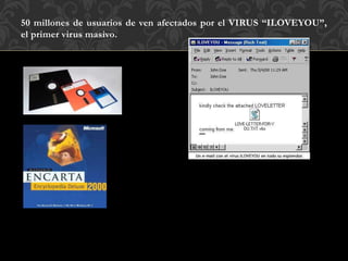 50 millones de usuarios de ven afectados por el VIRUS “ILOVEYOU”,
el primer virus masivo.
 