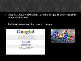 • Nace GOOGLE y revoluciona la forma en que la gente encuentra
información en línea.
• 1 millón de usuarios de internet en el mundo.
 