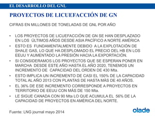 EL DESARROLLO DEL GNL
CIFRAS EN MILLONES DE TONELADAS DE GNL POR AÑO
• LOS PROYECTOS DE LICUEFACCIÓN DE GN SE HAN DESPLAZADO
EN LOS ÚLTIMOS AÑOS DESDE ASIA PACÍFICO A NORTE AMÉRICA
• ESTO ES FUNDAMENTALMENTE DEBIDO A LA EXPLOTACIÓN DE
SHALE GAS, LO QUE HA DESPLOMADO EL PRECIO DEL HB EN LOS
EEUU Y AUMENTADO LA PRESIÓN HACIA LA EXPORTACIÓN.
• SI CONSIDERAMOS LOS PROYECTOS QUE SE ESPERAN PONER EN
MARCHA DESDE ESTE AÑO HASTA EL AÑO 2020, TENEMOS UN
INCREMENTO DE CAPACIDAD DEL ORDEN DE 430 Mta.
• ESTO IMPLICA UN INCREMENTO DE CASI EL 150% DE LA CAPACIDAD
TOTAL AL AÑO 2013 CON PLANTAS DE HASTA MÁS DE 40 AÑOS.
• EL 36% DE ESE INCREMENTO CORRESPONDE A PROYECTOS EN
TERRITORIO DE EEUU CON MÁS DE 150 Mta.
• LE SIGUE CANADA CON 90 Mta LO QUE ACUMULA EL 56% DE LA
CAPACIDAD DE PROYECTOS EN AMÉRICA DEL NORTE.
Fuente: LNG journal mayo 2014
PROYECTOS DE LICUEFACCIÓN DE GN
 