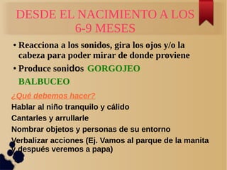 DESDE EL NACIMIENTO A LOS
         6-9 MESES
● Reacciona a los sonidos, gira los ojos y/o la
  cabeza para poder mirar de donde proviene
● Produce sonidos GORGOJEO


  BALBUCEO
¿Qué debemos hacer?
Hablar al niño tranquilo y cálido
Cantarles y arrullarle
Nombrar objetos y personas de su entorno
Verbalizar acciones (Ej. Vamos al parque de la manita
y después veremos a papa)
 