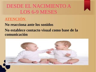 DESDE EL NACIMIENTO A
     LOS 6-9 MESES
ATENCIÓN
No reacciona ante los sonidos
No establece contacto visual como base de la
comunicación
 