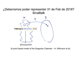 (A point based model of the Gregorian Calendar – H. Wilkinson et al)
¿Deberíamos poder representar 31 de Feb de 2018?
Smalltalk
¡Excepción!
 