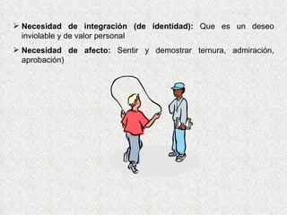 Necesidad de integración (de identidad):  Que es un deseo inviolable y de valor personal Necesidad de afecto:  Sentir y demostrar ternura, admiración, aprobación) 
