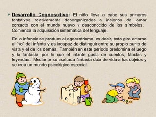Desarrollo Cognoscitivo :  El niño lleva a cabo sus primeros tentativos relativamente desorganizados e inciertos de tomar contacto con el mundo nuevo y desconocido de los símbolos.  Comienza la adquisición sistemática del lenguaje. En la infancia se produce el egocentrismo, es decir, todo gira entorno al “yo” del infante y es incapaz de distinguir entre su propio punto de vista y el de los demás.  También en este período predomina el juego y la fantasía, por lo que el infante gusta de cuentos, fábulas y leyendas.  Mediante su exaltada fantasía dota de vida a los objetos y se crea un mundo psicológico especial. 