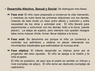 Desarrollo Afectivo, Sexual y Social :  Se distinguen tres fases: Fase oral:  El niño nace preparado a conservar la vida mamando, y mientras se nutre tiene las primeras relaciones con los demás, creando de éste modo un nexo entre afecto y nutrición y entre necesidad de los otros y actividad oral.  El niño llevará para experimentar y comunicar con los demás: todo a la boca, (siente placer).  La etapa se supera, pero siempre nos quedan rezagos tales como mascar chicle, fumar, llevar objetos a la boca. El niño es posesivo, de aquí que el padre es sentido un intruso y rival (complejo de edipo).  El niño teme ser destruido (complejo de castración). Fase anal:  Se denomina así porque el niño ya comienza a controlar sus esfínteres y obtiene un placer reteniendo los movimientos intestinales que estimulaban la mucosa anal. Fase elíptica:  El infante desarrolla un intenso amor por el progenitor del sexo opuesto.  El niño se apega a la madre y la niña al padre. 